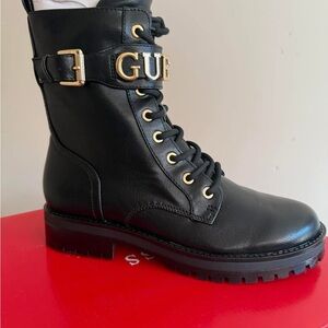 Guess Black Combat Boots with Gold Accents